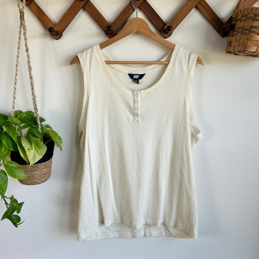 Lands End Womens XXL Butter Yellow Ribbed Henley Sleeveless Tank Top Cream 20